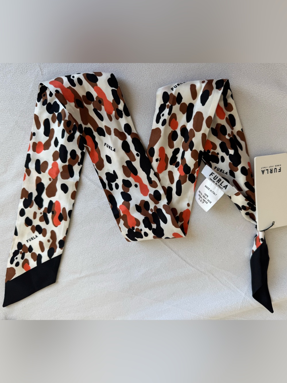 Furla Silk Skinny Scarf Leopard Animal Print Bandeau Made in Italy Twiggy NEW